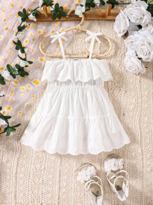 Baby Girl Bow Shoulder Ruffle Trim Flounce Hem Cami Dress - White - View 1