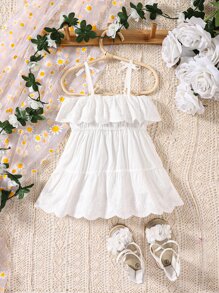 Baby Girl Bow Shoulder Ruffle Trim Flounce Hem Cami Dress - White - View 2