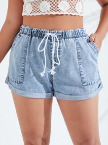 SHEIN Essnce Plus Drawstring Waist Roll Up Hem Denim Shorts - Light Wash - View 1