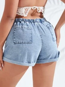 SHEIN Essnce Plus Drawstring Waist Roll Up Hem Denim Shorts - Light Wash - View 2