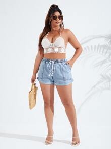 SHEIN Essnce Plus Drawstring Waist Roll Up Hem Denim Shorts - Light Wash - View 5