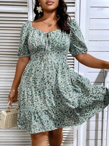 SHEIN Clasi 大码波西米亚风碎花印花前结荷叶边下摆连衣裙，适合夏季 - 薄荷綠 - 查看 1