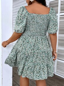 SHEIN Clasi 大码波西米亚风碎花印花前结荷叶边下摆连衣裙，适合夏季 - 薄荷綠 - 查看 2