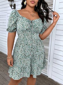 SHEIN Clasi 大码波西米亚风碎花印花前结荷叶边下摆连衣裙，适合夏季 - 薄荷綠 - 查看 5