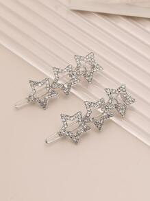 精美的鑲嵌五角星綴飾髮夾，2入組優雅百搭女士髮飾頭飾 - 銀色 - 查看 1
