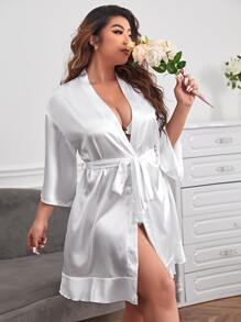 Bata bajo con fruncido con cinturón de satén sin set de lencería - Blanco - Ver 1