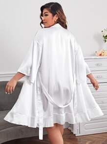 Bata bajo con fruncido con cinturón de satén sin set de lencería - Blanco - Ver 2