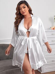 Bata bajo con fruncido con cinturón de satén sin set de lencería - Blanco - Ver 3