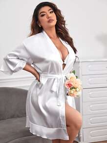 Bata bajo con fruncido con cinturón de satén sin set de lencería - Blanco - Ver 4