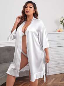 Bata bajo con fruncido con cinturón de satén sin set de lencería - Blanco - Ver 5