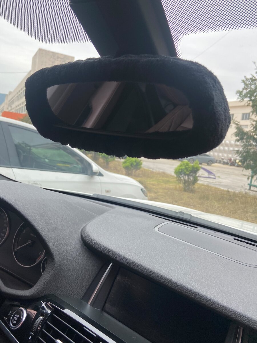 1pc Plush Car Rearview Mirror Cover - Black - View 1