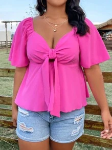 Sunnyshic Plus Knot Front Butterfly Sleeve Peplum Blouse - Hot Pink - View 2