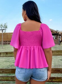 Sunnyshic Plus Knot Front Butterfly Sleeve Peplum Blouse - Hot Pink - View 3