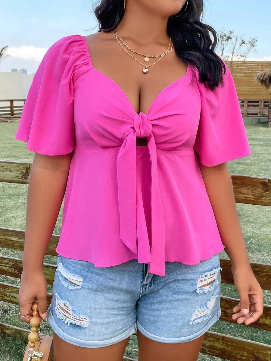 Sunnyshic Plus Knot Front Butterfly Sleeve Peplum Blouse - Hot Pink - View 1