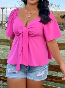 Sunnyshic Plus Knot Front Butterfly Sleeve Peplum Blouse - Hot Pink - View 5