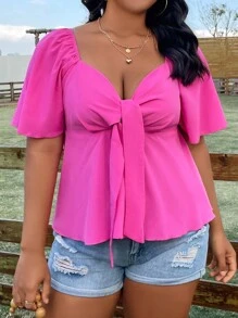 Sunnyshic Plus Knot Front Butterfly Sleeve Peplum Blouse - Hot Pink - View 7