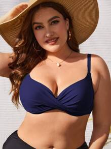 Plus Solid Twist Front Bikini Top, For Summer Beach Vacation - Navy Blue - View 4