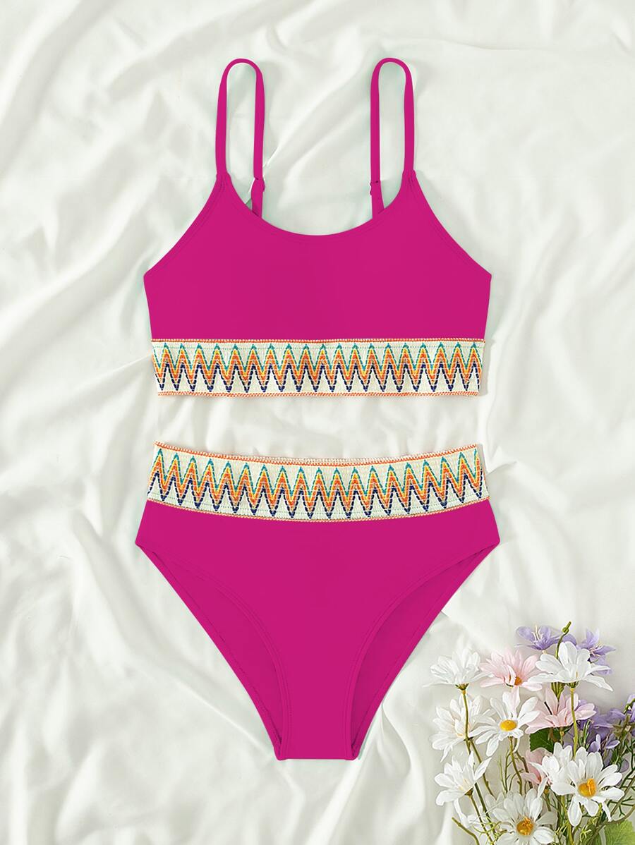SHEIN Teen Girls Chevron Tape Panel Bikini Set Summer Beach - Hot Pink - View 1