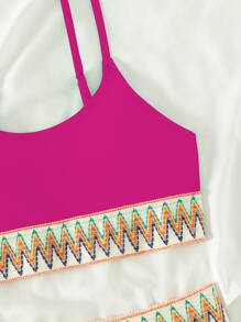 SHEIN Teen Girls Chevron Tape Panel Bikini Set Summer Beach - Hot Pink - View 4