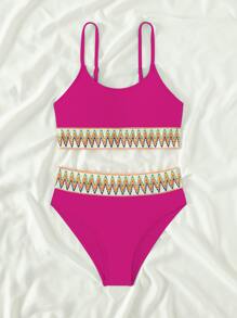 SHEIN Teen Girls Chevron Tape Panel Bikini Set Summer Beach - Hot Pink - View 5