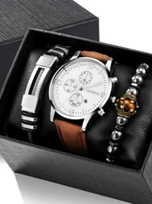 1pc Men Round Pointer Quartz Watch & 2pcs Bracelet - Brown - View 1