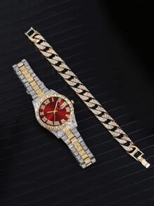 2pcs/Set Fashionable Men's Quartz Watch With Rhinestone Encrusted Roman Numeral Dial & Steel Strap, Comes With Rhinestone Decor Bracelet, Great For Birthday, Back To School, Anniversary, Valentine's Day Gift