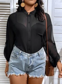 Celure Áo sơ mi Plus Size Túi Nút phía trước màu trơn Giải trí - màu đen - Xem 2