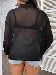 Celure Áo sơ mi Plus Size Túi Nút phía trước màu trơn Giải trí - màu đen - Xem 3