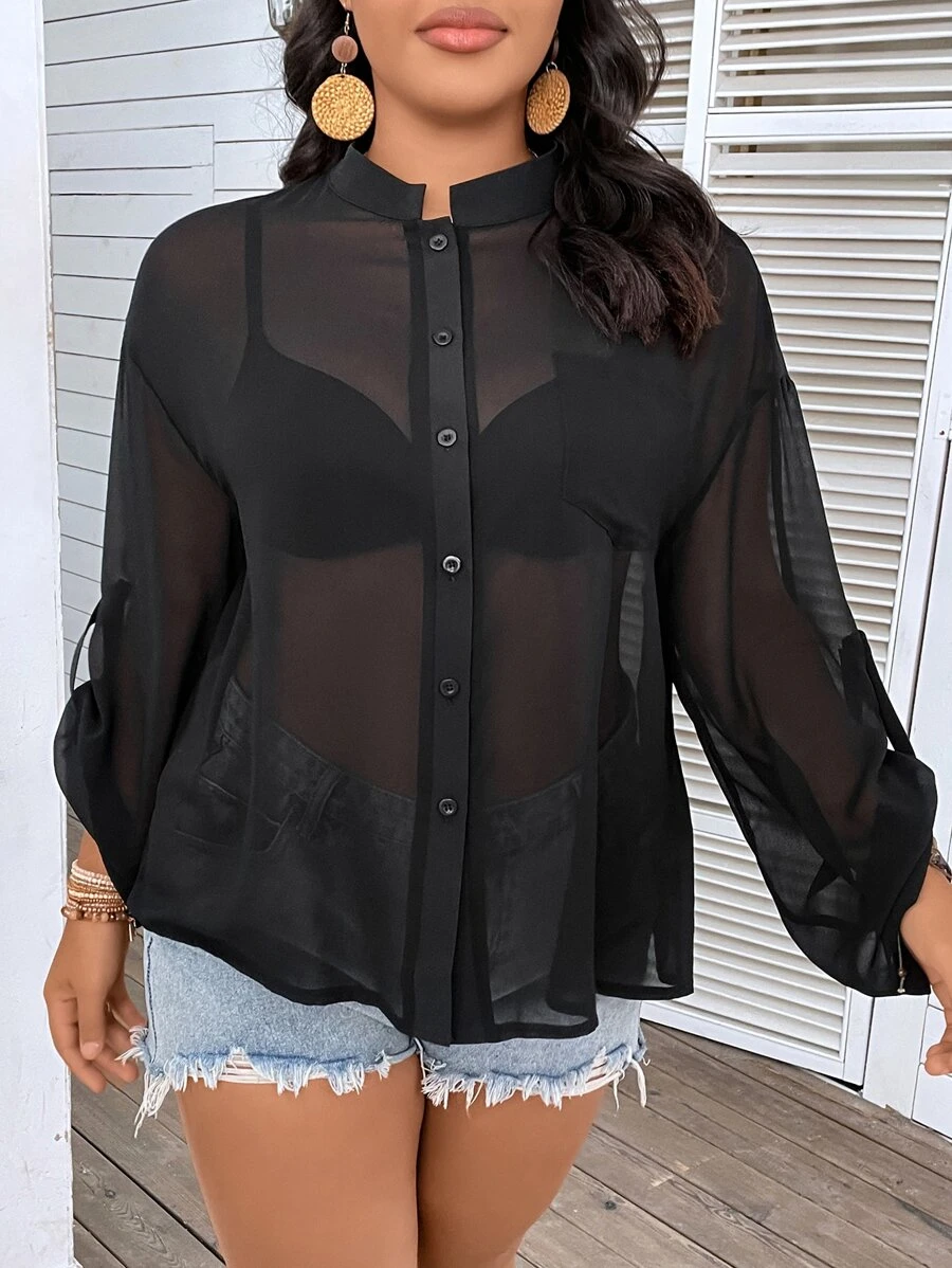 Celure Áo sơ mi Plus Size Túi Nút phía trước màu trơn Giải trí - màu đen - Xem 1