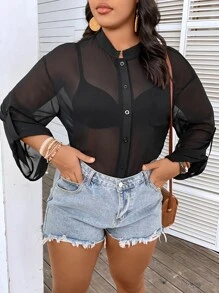 Celure Áo sơ mi Plus Size Túi Nút phía trước màu trơn Giải trí - màu đen - Xem 5