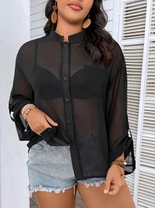 Celure Áo sơ mi Plus Size Túi Nút phía trước màu trơn Giải trí - màu đen - Xem 6