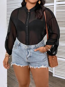 Celure Áo sơ mi Plus Size Túi Nút phía trước màu trơn Giải trí - màu đen - Xem 7