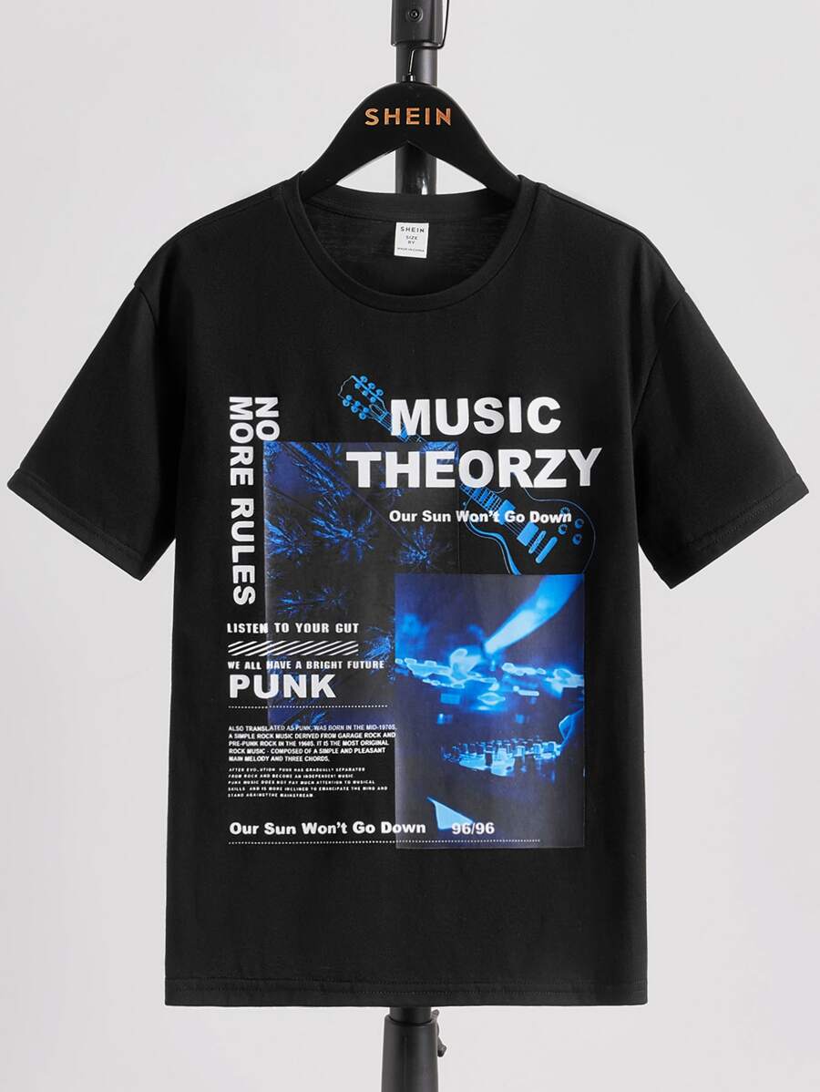 SHEIN Chicos Camiseta con estampado de slogan - Negro - Ver 1