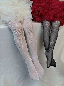 Niñas 2 pares Medias de malla con diseño de diamante de imitación