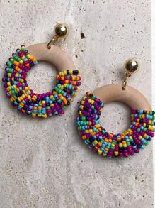 珠子裝飾圓形耳墜 - 棕色 - 查看 1