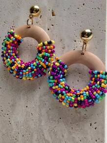 珠子裝飾圓形耳墜 - 棕色 - 查看 2