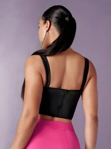 SHEIN BAE 拼接蕾絲不對稱下擺緊身吊帶 - 黑色 - 查看 2