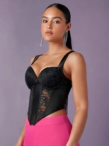 SHEIN BAE 拼接蕾絲不對稱下擺緊身吊帶 - 黑色 - 查看 4