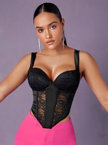 SHEIN BAE 拼接蕾絲不對稱下擺緊身吊帶 - 黑色 - 查看 1