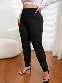 SHEIN Privé Plus Solid Zipper Fly Skinny Trousers - Black - View 1