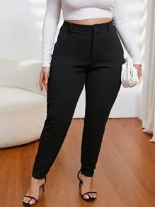 SHEIN Privé Plus Solid Zipper Fly Skinny Trousers - Black - View 5