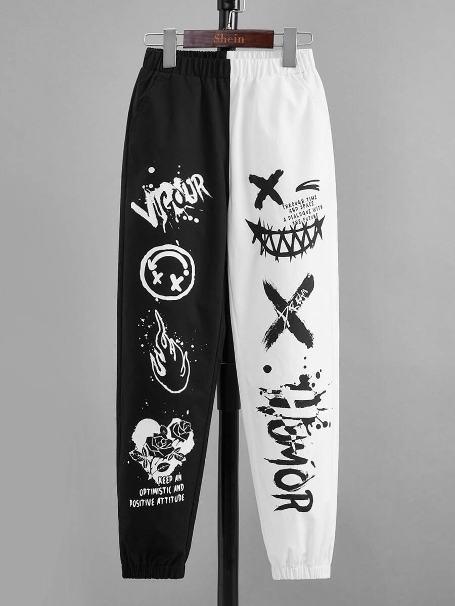 SHEIN Boys Cartoon & Letter Graphic Two Tone Trousers - Black and White - View 1