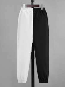SHEIN Boys Cartoon & Letter Graphic Two Tone Trousers - Black and White - View 2
