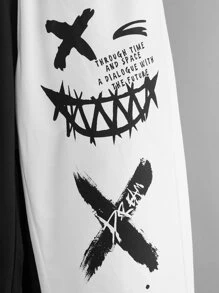 SHEIN Boys Cartoon & Letter Graphic Two Tone Trousers - Black and White - View 3