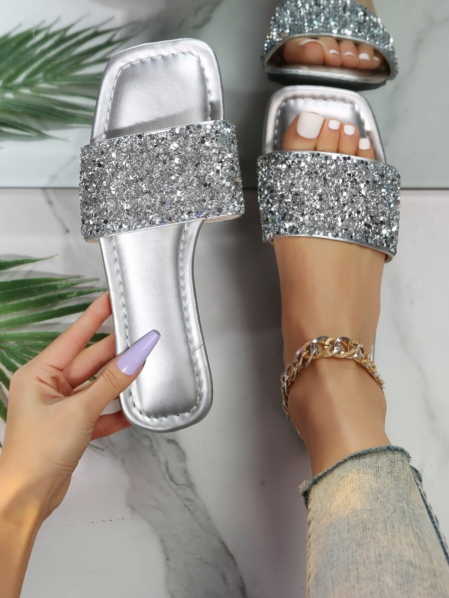 女士亮片裝飾拖鞋魅力四射平底涼鞋銀 - 銀色 - 查看 1