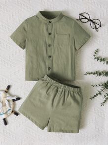 SHEIN 男嬰補丁貼口袋襯衫和短褲