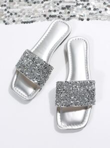 女士亮片裝飾拖鞋魅力四射平底涼鞋銀 - 銀色 - 查看 2