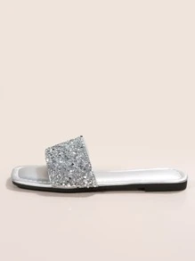 女士亮片裝飾拖鞋魅力四射平底涼鞋銀 - 銀色 - 查看 3