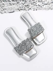 女士亮片裝飾拖鞋魅力四射平底涼鞋銀 - 銀色 - 查看 5