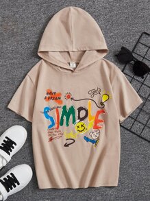 SHEIN Boys Cartoon & Letter Graphic Hooded Tee - Khaki - View 1